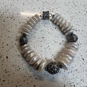 Merav Sterling Silver & Genuine Button Pearl Bracelet with Magnetic Clasps